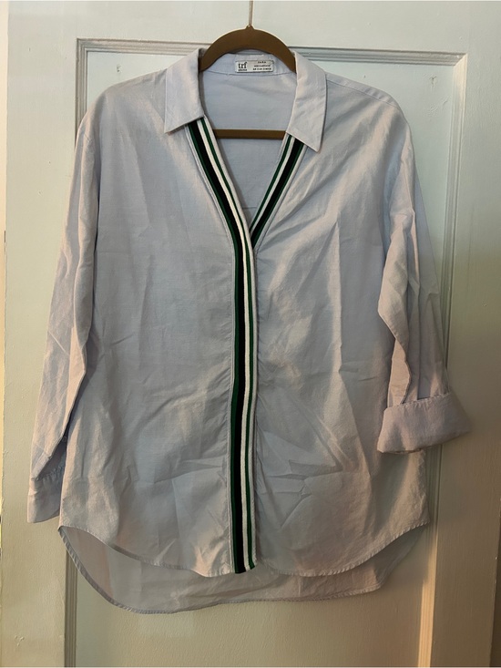 Zara Tops - Zara Light Blue Button-Down Shirt with Green & Black Stripe Trim